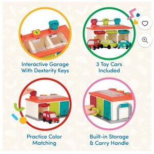 Battat garage play set with 3 toy cars and a set of 3 keys